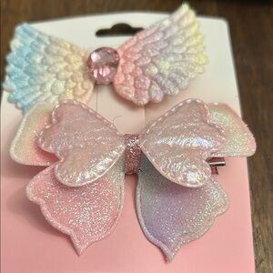 Glittery Pastel Wing and Bow Hair Clip Set